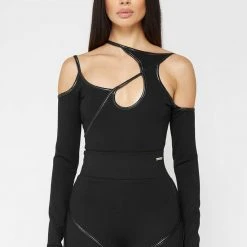 Woman Tops BODYSUITS Contrast Asymmetric Bodysuit - Black