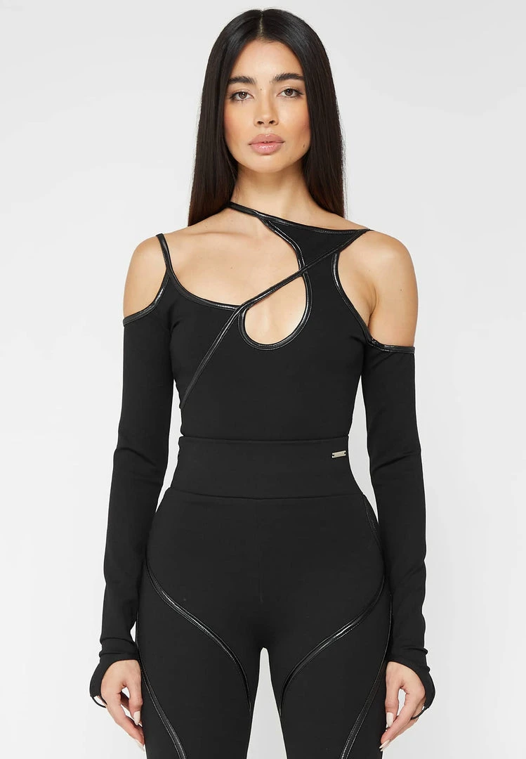 Woman Tops BODYSUITS Contrast Asymmetric Bodysuit - Black