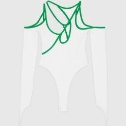 Woman Tops Contrast Asymmetric Bodysuit - White/Green