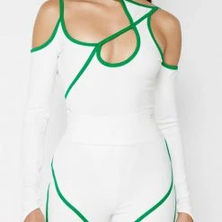 Woman Tops Contrast Asymmetric Bodysuit - White/Green