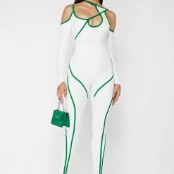 Woman Tops Contrast Asymmetric Bodysuit - White/Green