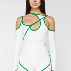 Woman Tops Contrast Asymmetric Bodysuit - White/Green