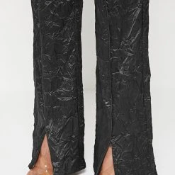 Woman Trousers Crinkled Satin Wide Leg Trousers - Black