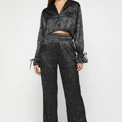 Woman Trousers Crinkled Satin Wide Leg Trousers - Black