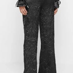 Woman Trousers Crinkled Satin Wide Leg Trousers - Black