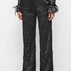 Woman Trousers Crinkled Satin Wide Leg Trousers - Black
