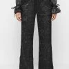 Woman Trousers Crinkled Satin Wide Leg Trousers - Black