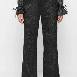 Woman Trousers Crinkled Satin Wide Leg Trousers - Black