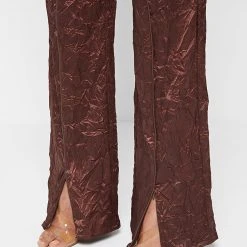 Woman Trousers Crinkled Satin Wide Leg Trousers - Brown