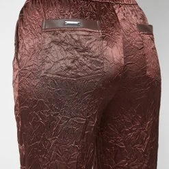 Woman Trousers Crinkled Satin Wide Leg Trousers - Brown