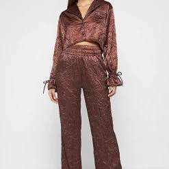 Woman Trousers Crinkled Satin Wide Leg Trousers - Brown