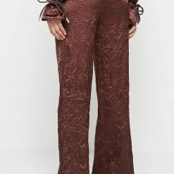 Woman Trousers Crinkled Satin Wide Leg Trousers - Brown