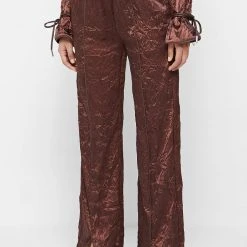 Woman Trousers Crinkled Satin Wide Leg Trousers - Brown
