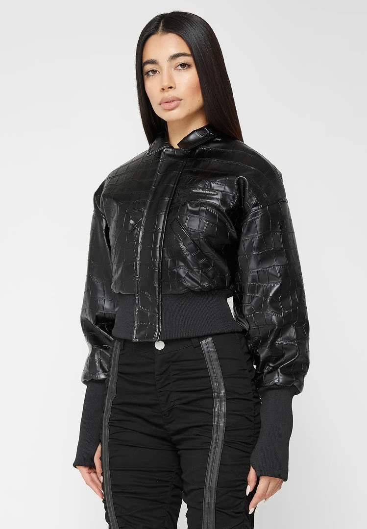 Woman Jackets Croc Embossed Bomber Jacket - Black