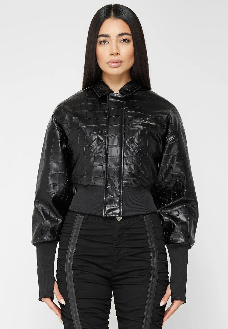 Woman Jackets Croc Embossed Bomber Jacket - Black