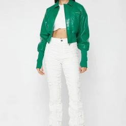 Woman Jackets Croc Embossed Bomber Jacket - Green