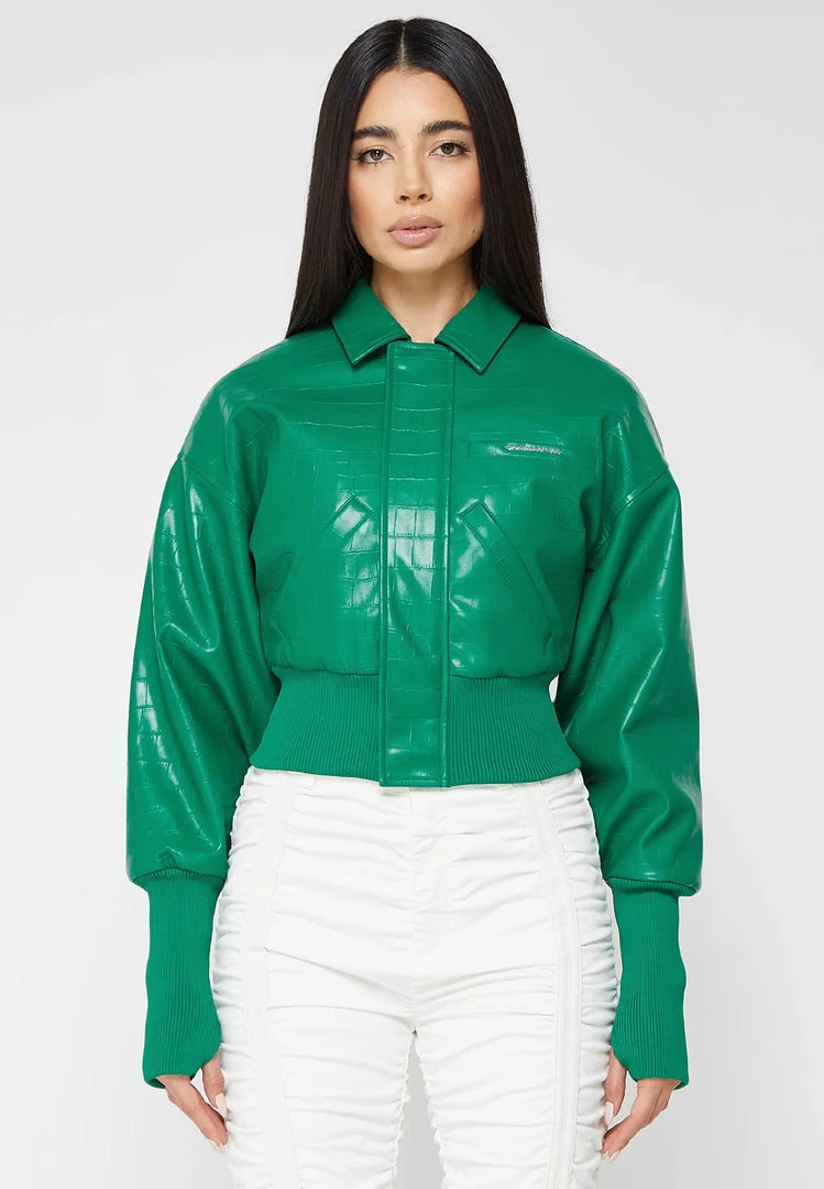 Woman Jackets Croc Embossed Bomber Jacket - Green