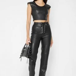 Woman Trousers Croc Embossed Lace Up Trousers - Black