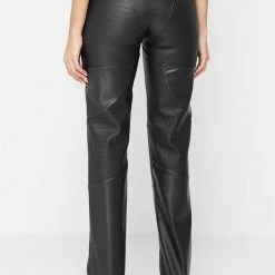 Woman Trousers Croc Embossed Lace Up Trousers - Black