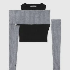 Woman Tops TOPS & T SHIRTS Crop Top With Knitted Overlay - Black/Grey