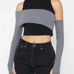 Woman Tops TOPS & T SHIRTS Crop Top With Knitted Overlay - Black/Grey