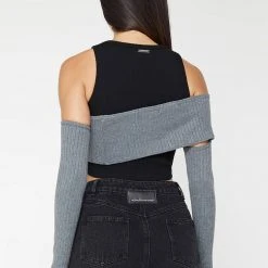 Woman Tops TOPS & T SHIRTS Crop Top With Knitted Overlay - Black/Grey