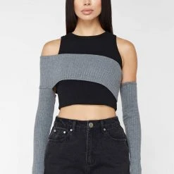 Woman Tops TOPS & T SHIRTS Crop Top With Knitted Overlay - Black/Grey