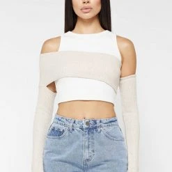Woman Tops Crop Top With Knitted Overlay - White/Beige TOPS & T SHIRTS
