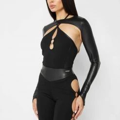 Woman Tops Cut-Out O-Ring Bodysuit - Black BODYSUITS