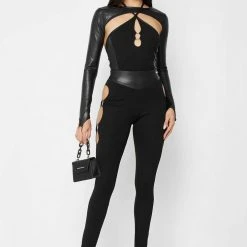 Woman Tops Cut-Out O-Ring Bodysuit - Black BODYSUITS
