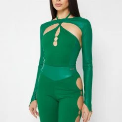 Woman Tops Cut-Out O-Ring Bodysuit - Green BODYSUITS