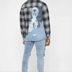 Man Shirts Denim And Check Graphic Shirt - Black