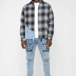 Man Shirts Denim And Check Graphic Shirt - Black