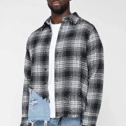 Man Shirts Denim And Check Graphic Shirt - Black