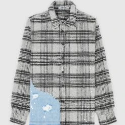 Man Shirts Denim And Check Graphic Shirt - Grey