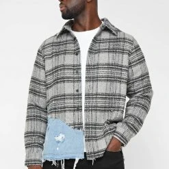 Man Shirts Denim And Check Graphic Shirt - Grey