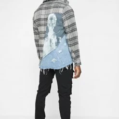 Man Shirts Denim And Check Graphic Shirt - Grey