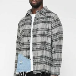Man Shirts Denim And Check Graphic Shirt - Grey