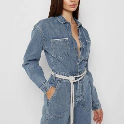 Woman Jumpsuits Denim Biker Jumpsuit - Mid Blue