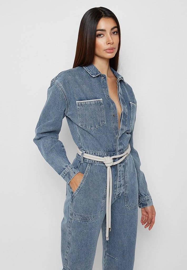 Woman Jumpsuits Denim Biker Jumpsuit - Mid Blue
