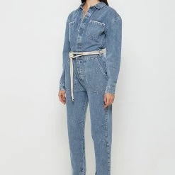 Woman Jumpsuits Denim Biker Jumpsuit - Mid Blue