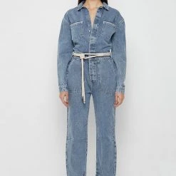 Woman Jumpsuits Denim Biker Jumpsuit - Mid Blue