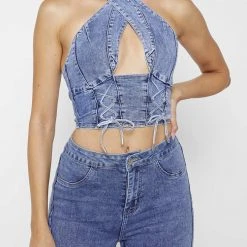 Woman Tops TOPS & T SHIRTS Denim Crossover Top - Blue