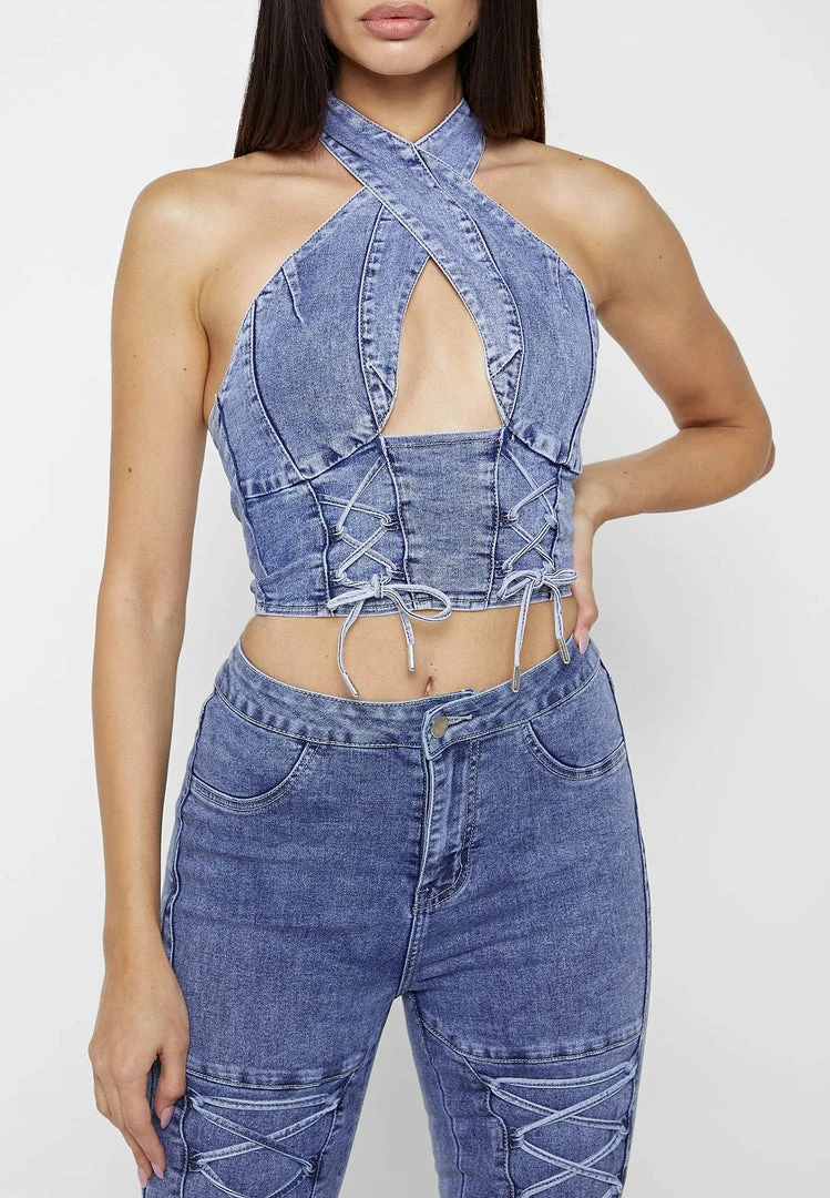 Woman Tops TOPS & T SHIRTS Denim Crossover Top - Blue