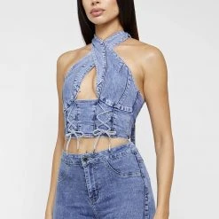 Woman Tops TOPS & T SHIRTS Denim Crossover Top - Blue