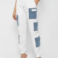 Woman Trousers Denim Patch Cargo Pants - White CARGO PANTS & JOGGERS