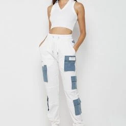 Woman Trousers Denim Patch Cargo Pants - White CARGO PANTS & JOGGERS