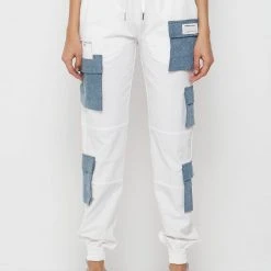 Woman Trousers Denim Patch Cargo Pants - White CARGO PANTS & JOGGERS
