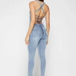 Woman Jumpsuits Denim Unitard - Mid Blue