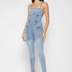 Woman Jumpsuits Denim Unitard - Mid Blue